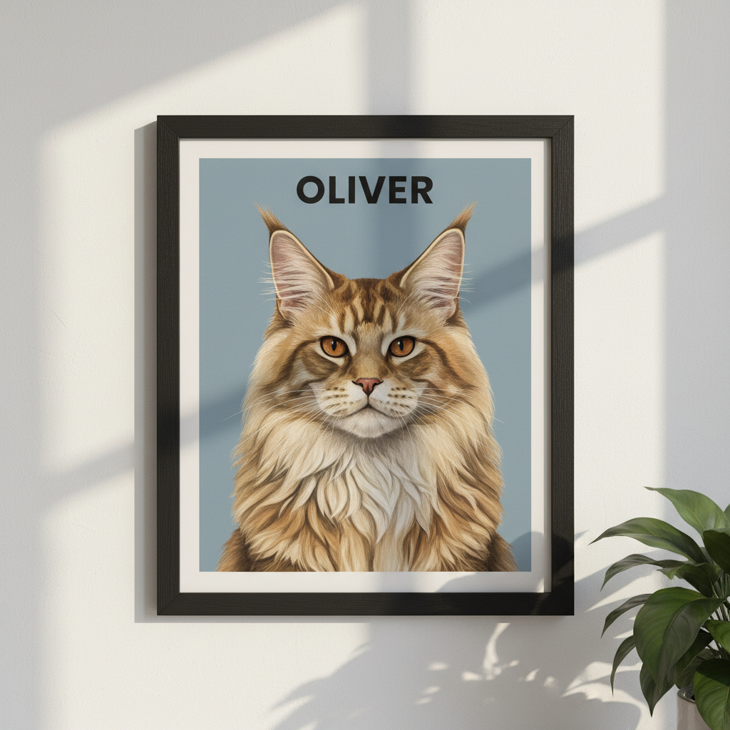 Custom framed AI pet portrait - Maine Coon on dusty blue background