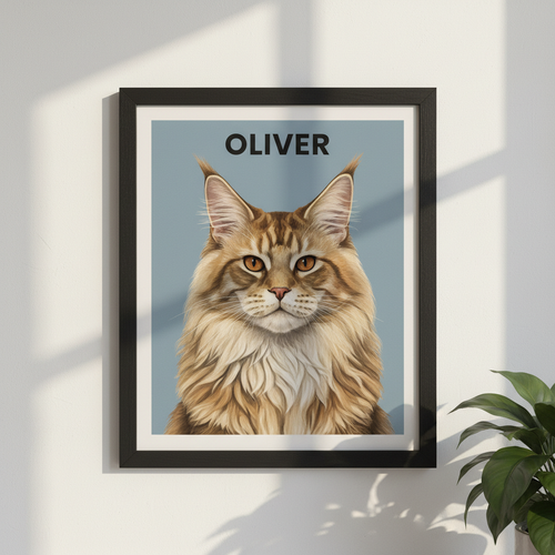 Custom framed AI pet portrait - Maine Coon on dusty blue background