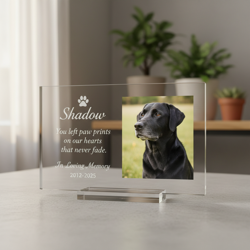 Custom acrylic memorial plaque for black Labrador dog