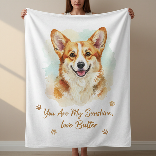 Person holding custom Corgi watercolor pet blanket