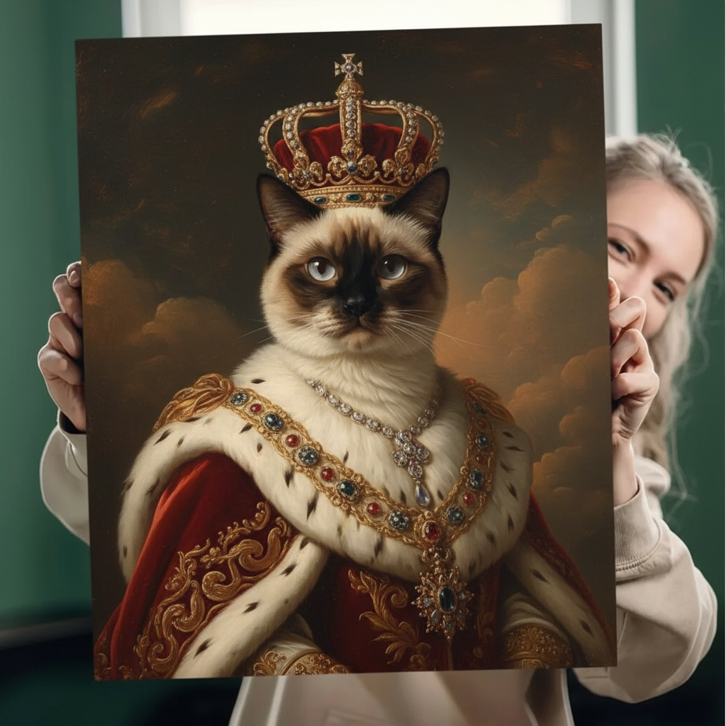 Siamese cat as queen - royal AI pet portrait with frame