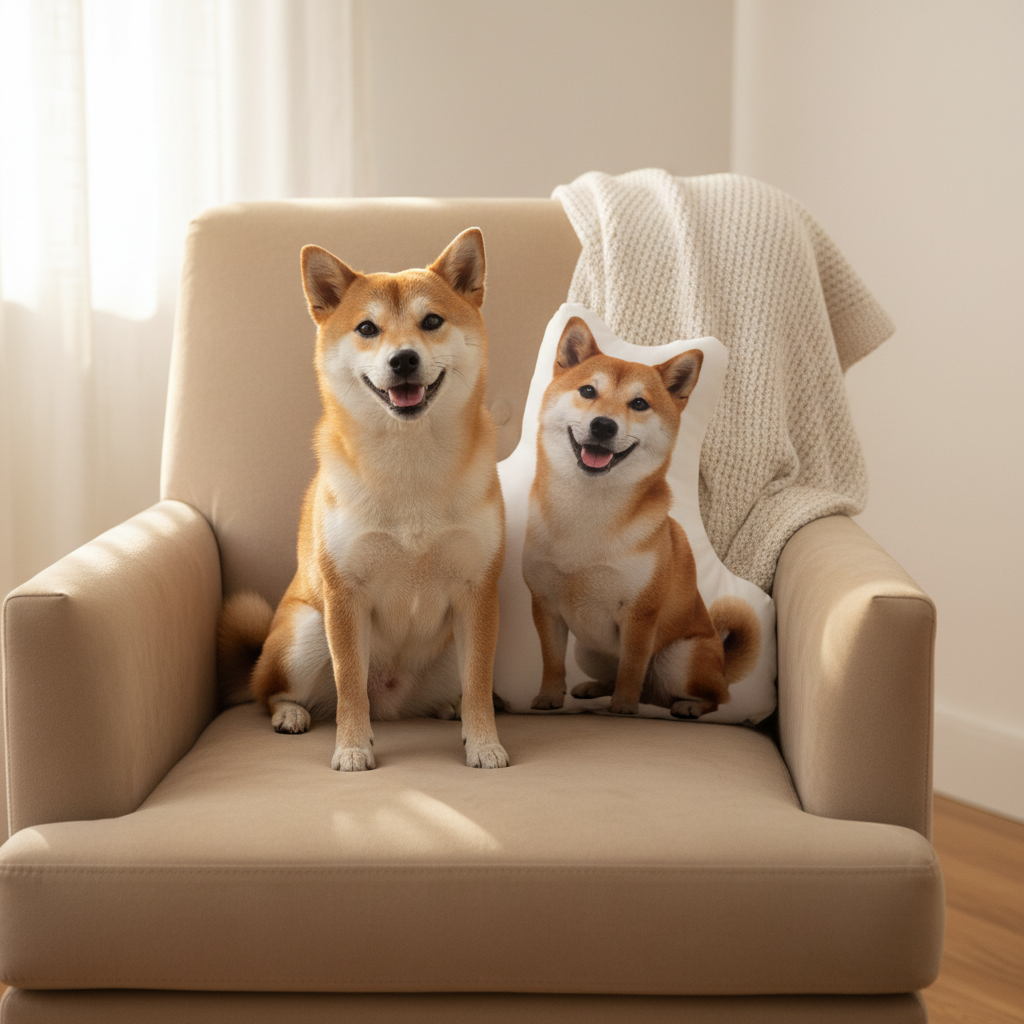 Shiba Inu dog sitting next to its custom shaped pillow