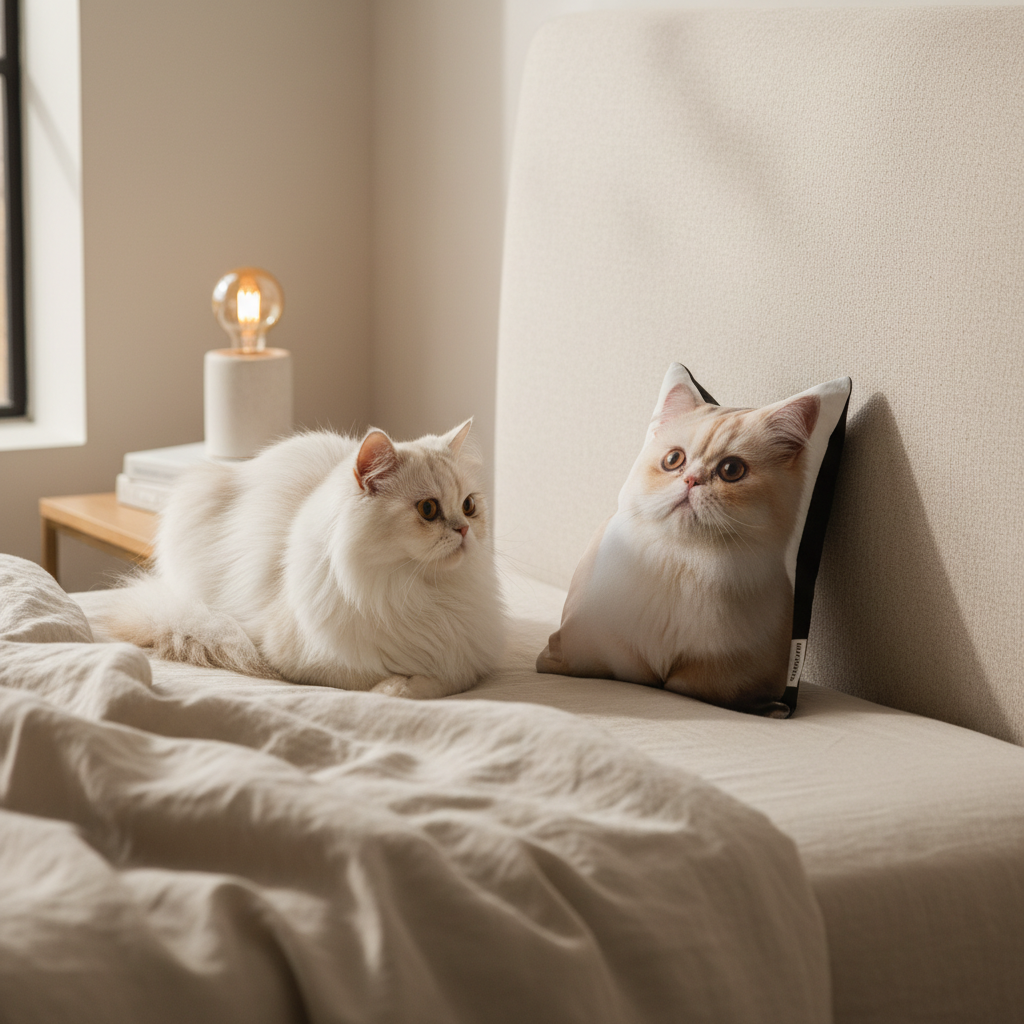 Persian cat with custom shaped pillow on bed