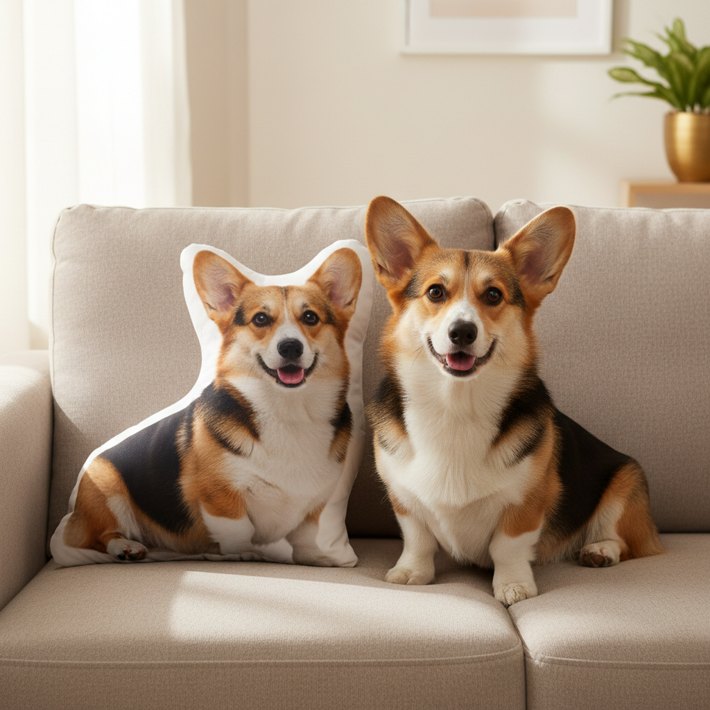 Corgi dog sitting next to its custom shaped pillow