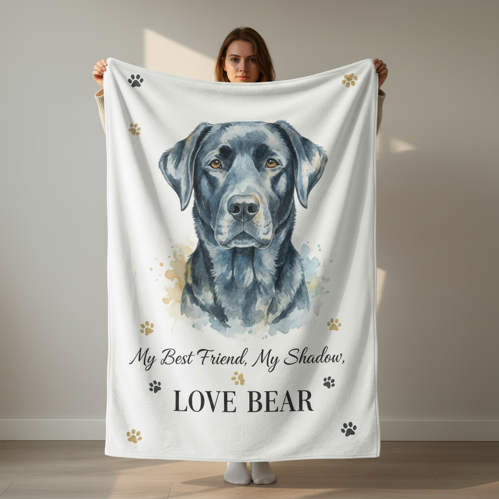 Person holding custom black Labrador watercolor pet blanket
