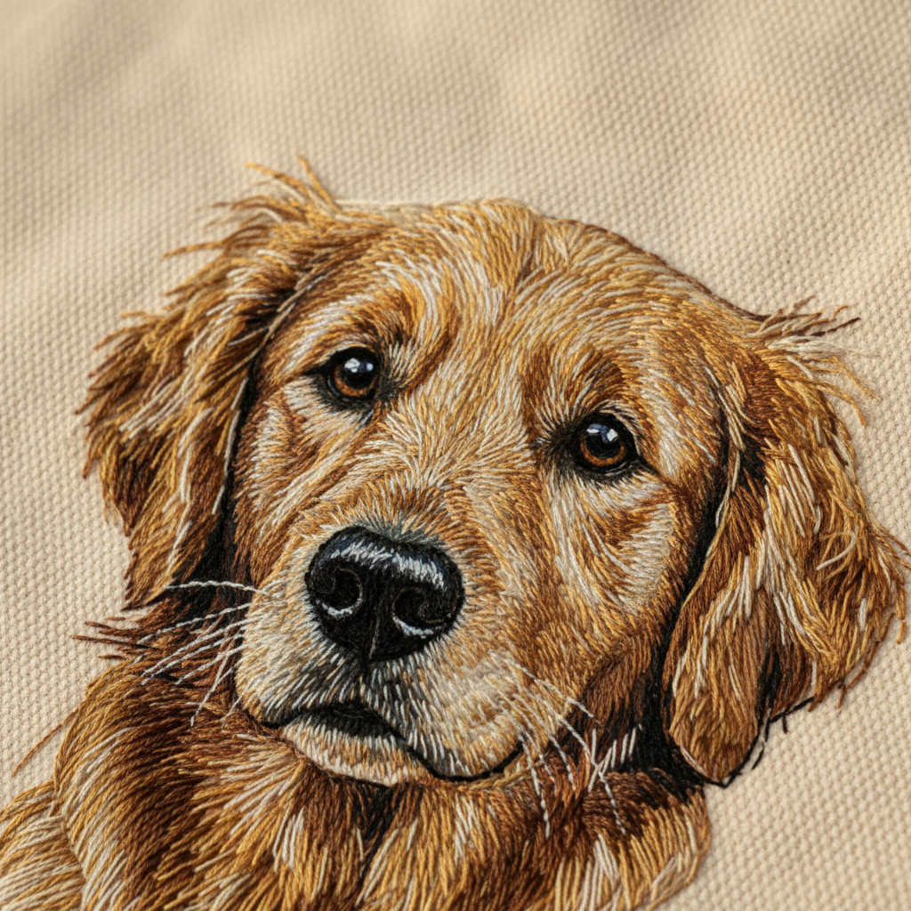 Close-up detail of custom pet embroidery on canvas tote bag