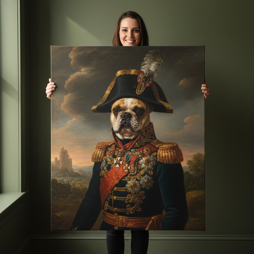 French Bulldog as general - royal AI pet portrait with frame