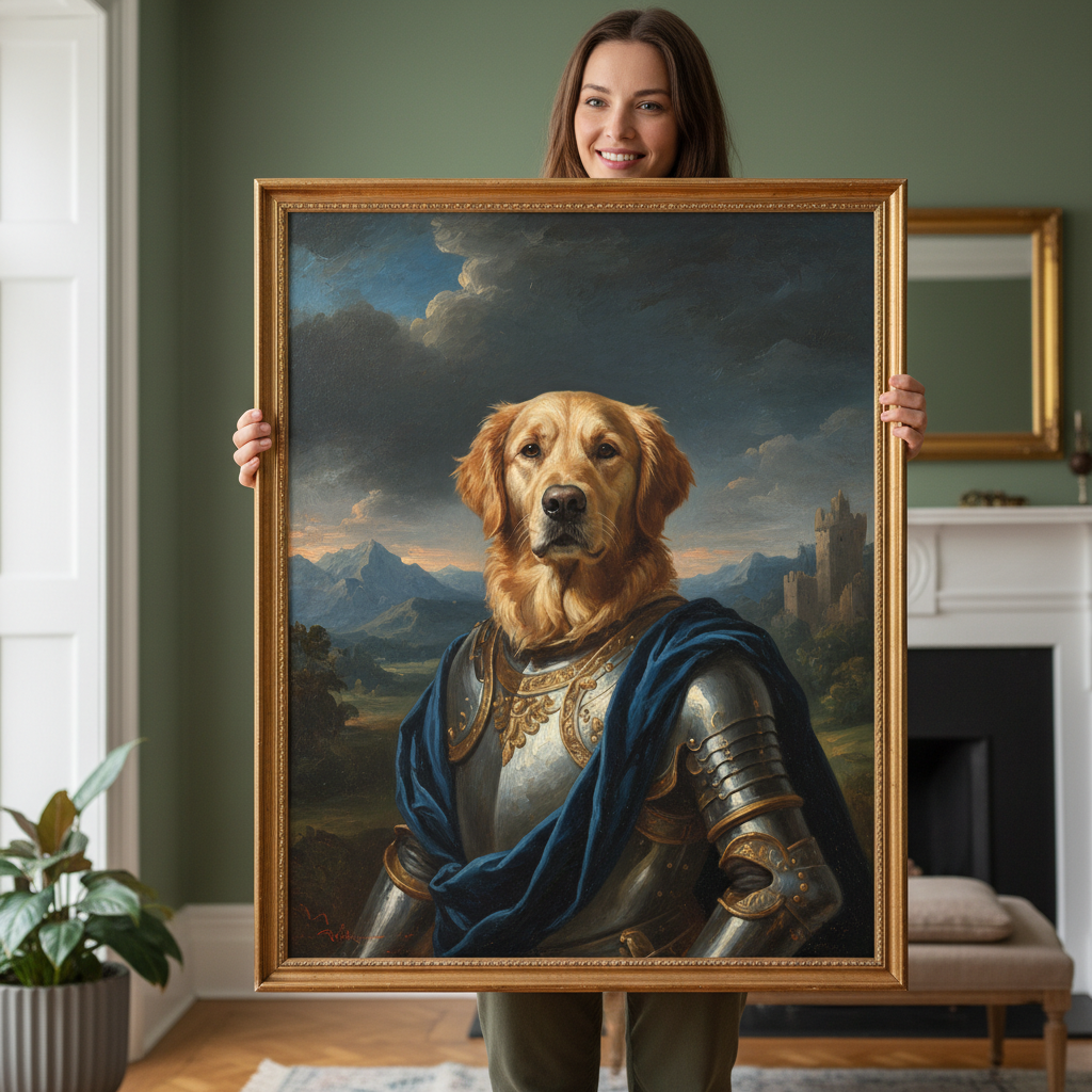 Golden Retriever as knight - royal AI pet portrait with frame