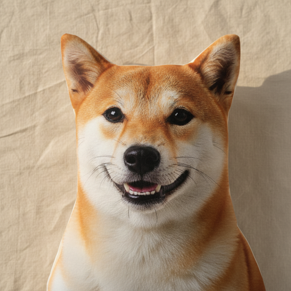 Close-up detail of custom pet shaped pillow showing print quality