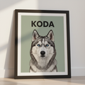 Custom framed AI pet portrait - Husky on sage green background