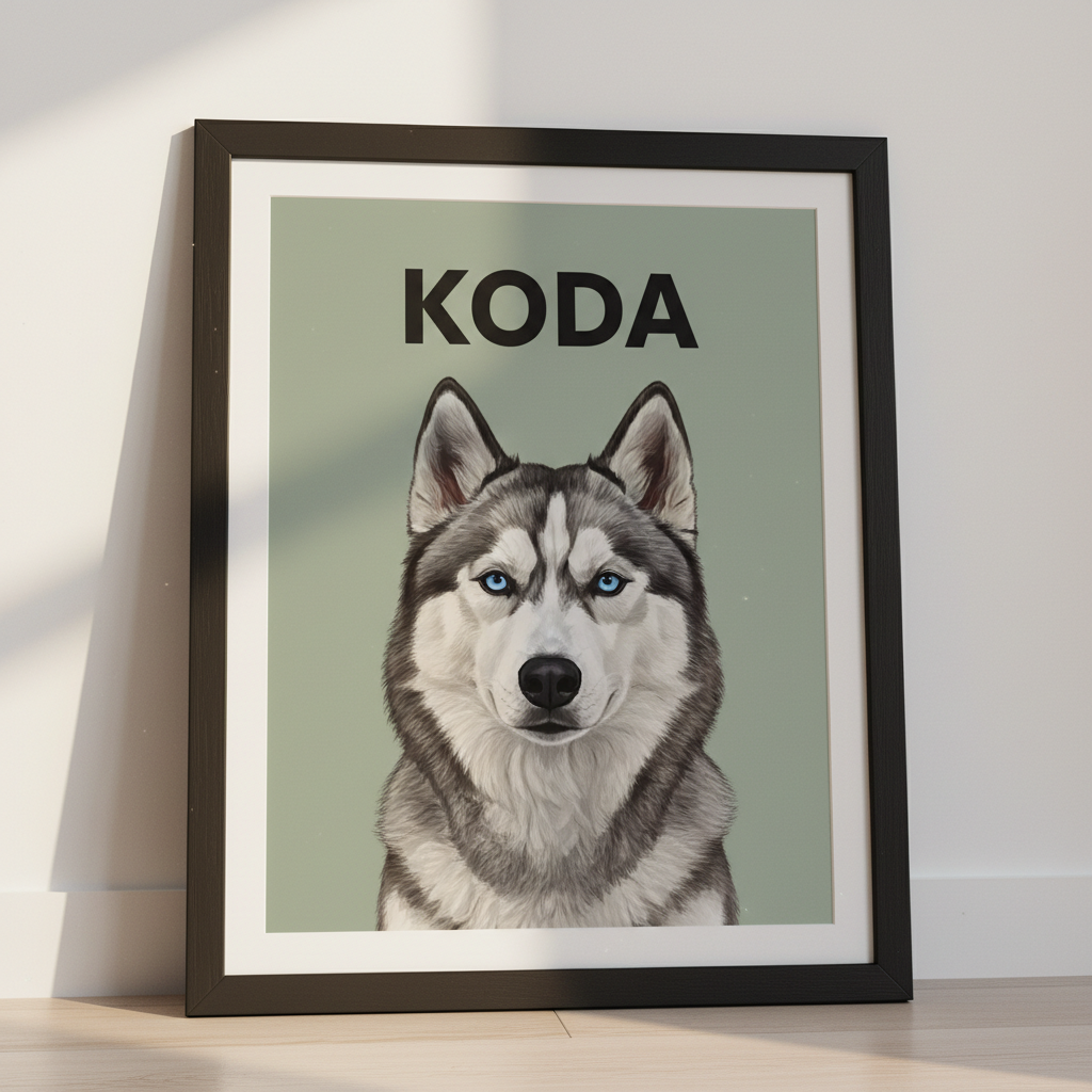 Custom framed AI pet portrait - Husky on sage green background
