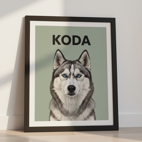 Custom framed AI pet portrait - Husky on sage green background