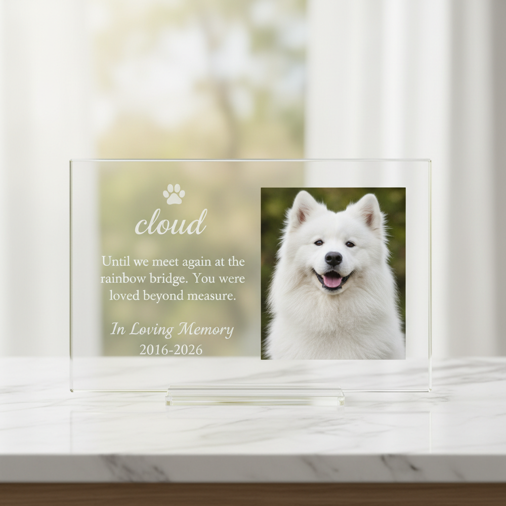 Custom acrylic memorial plaque for Samoyed dog