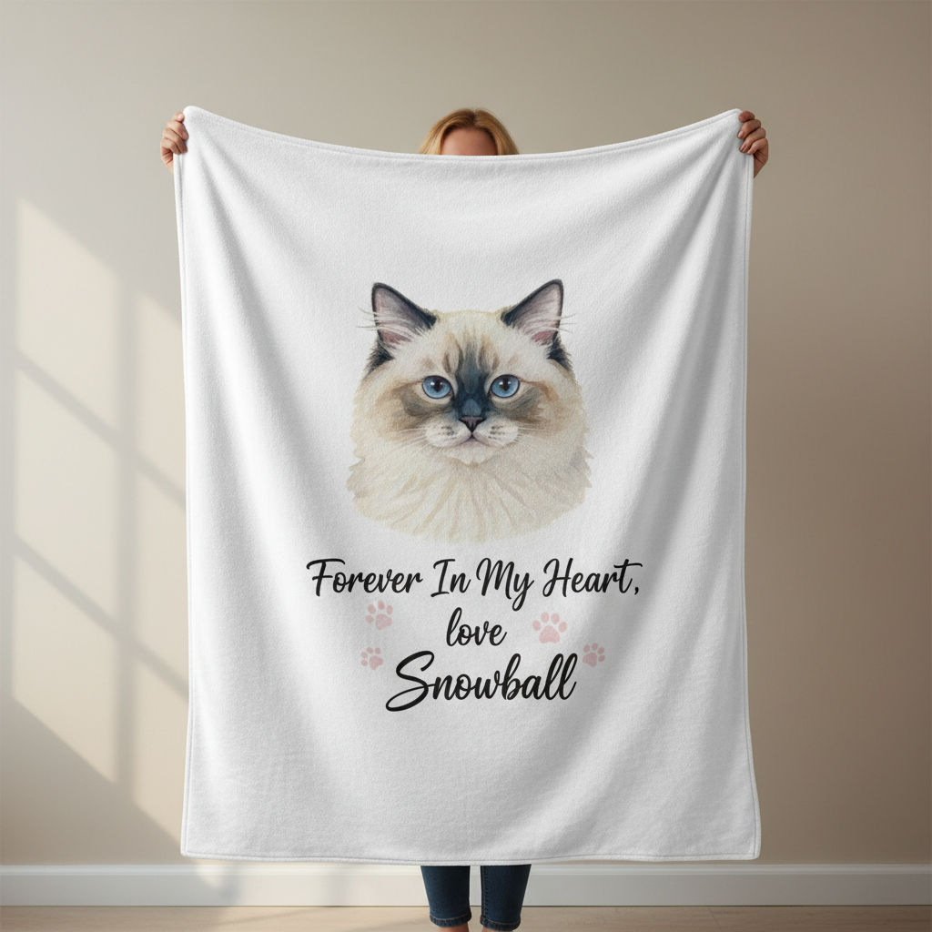 Person holding custom Ragdoll cat watercolor pet blanket