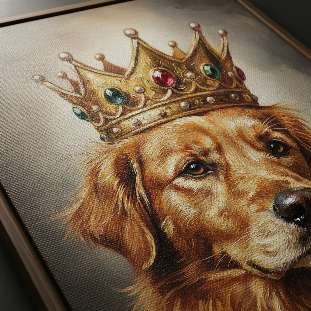 Close-up detail of royal pet portrait canvas print quality